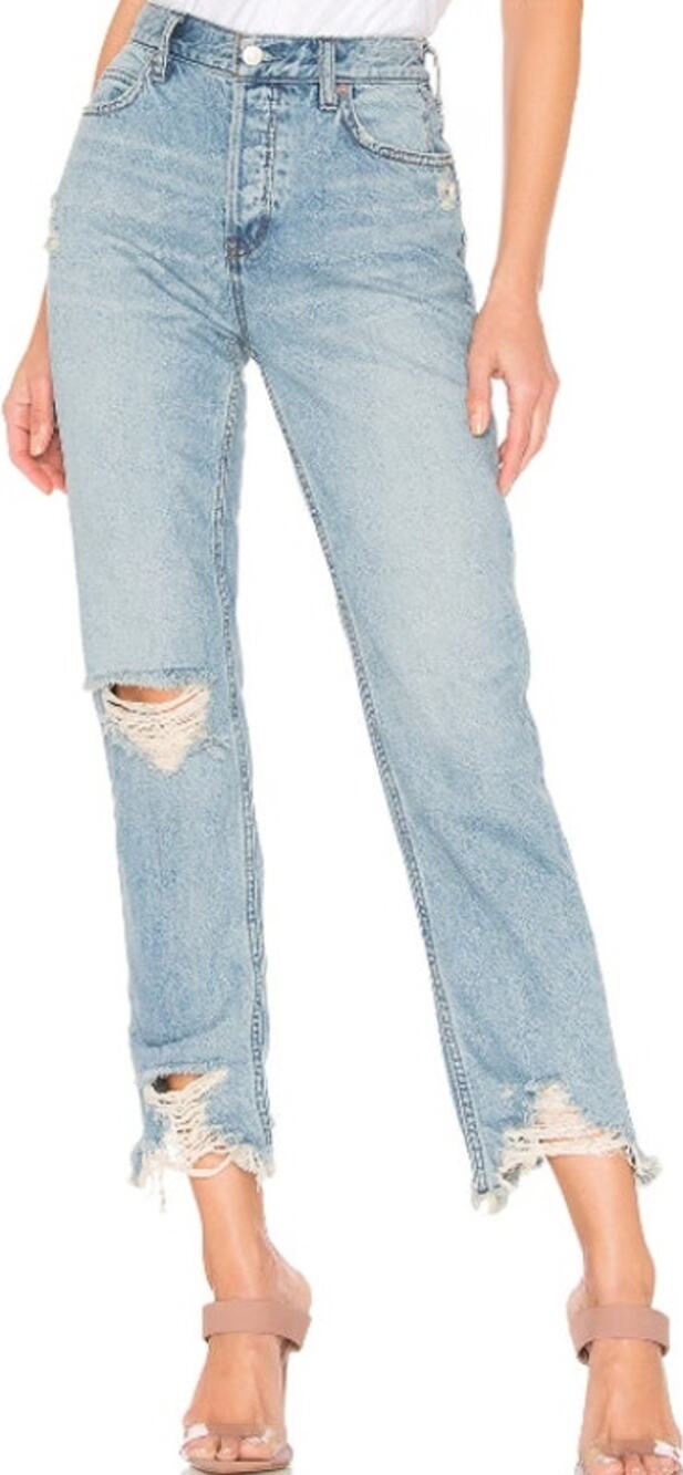 Free People Chewed Up Jeans Mid Rise Straight Distressed Light Wash Blue 27